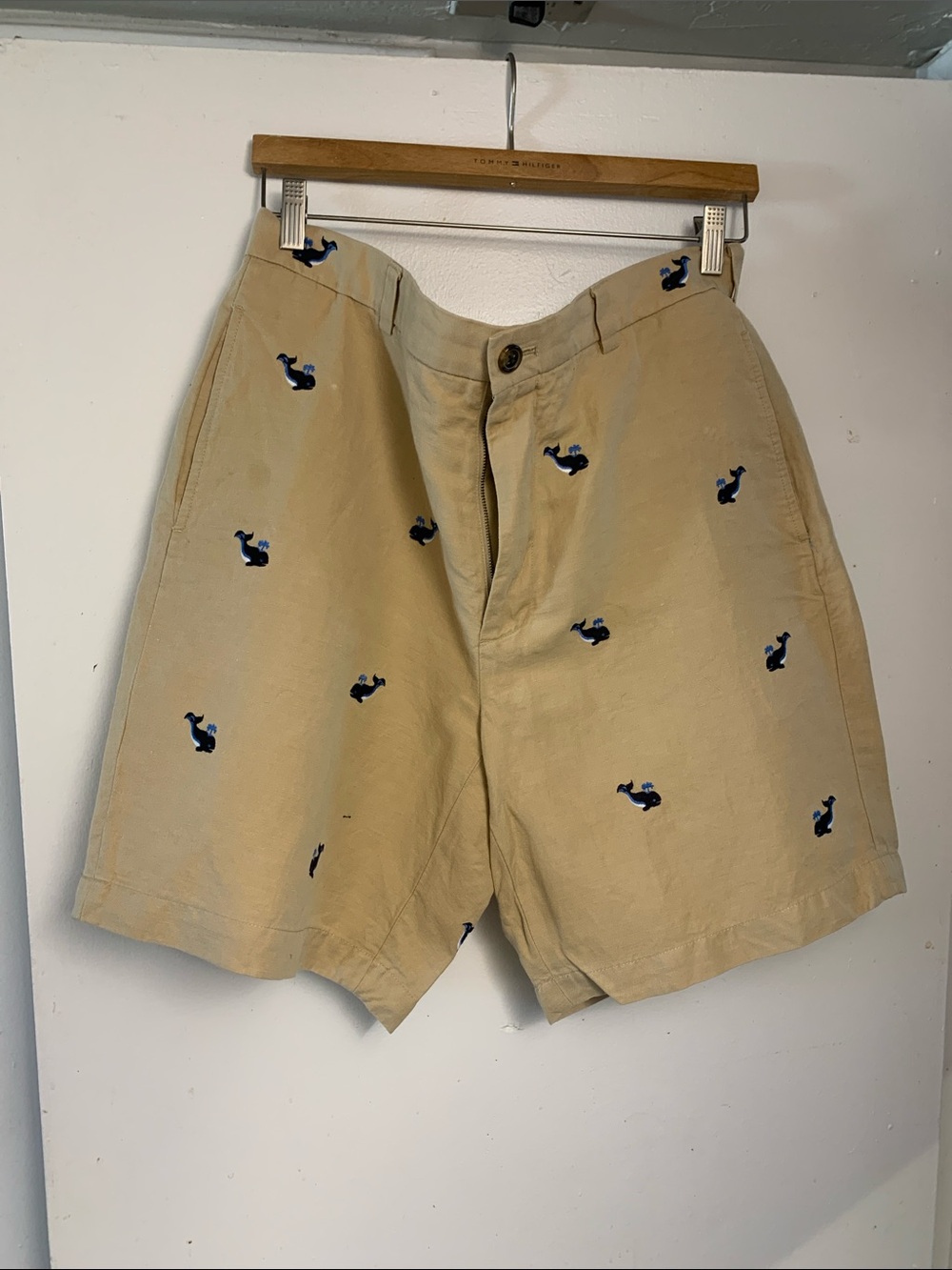 Brooks Brothers Khaki Flat-Front Shorts with Navy Whale Embroidery